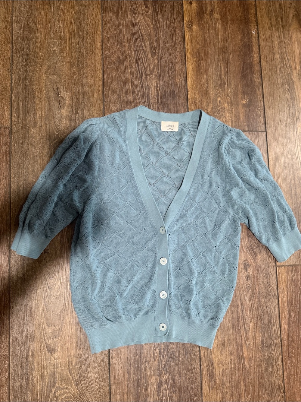 Wilfred Light Blue Pointelle Knit Button Cardigan elbow sleeves v neck
